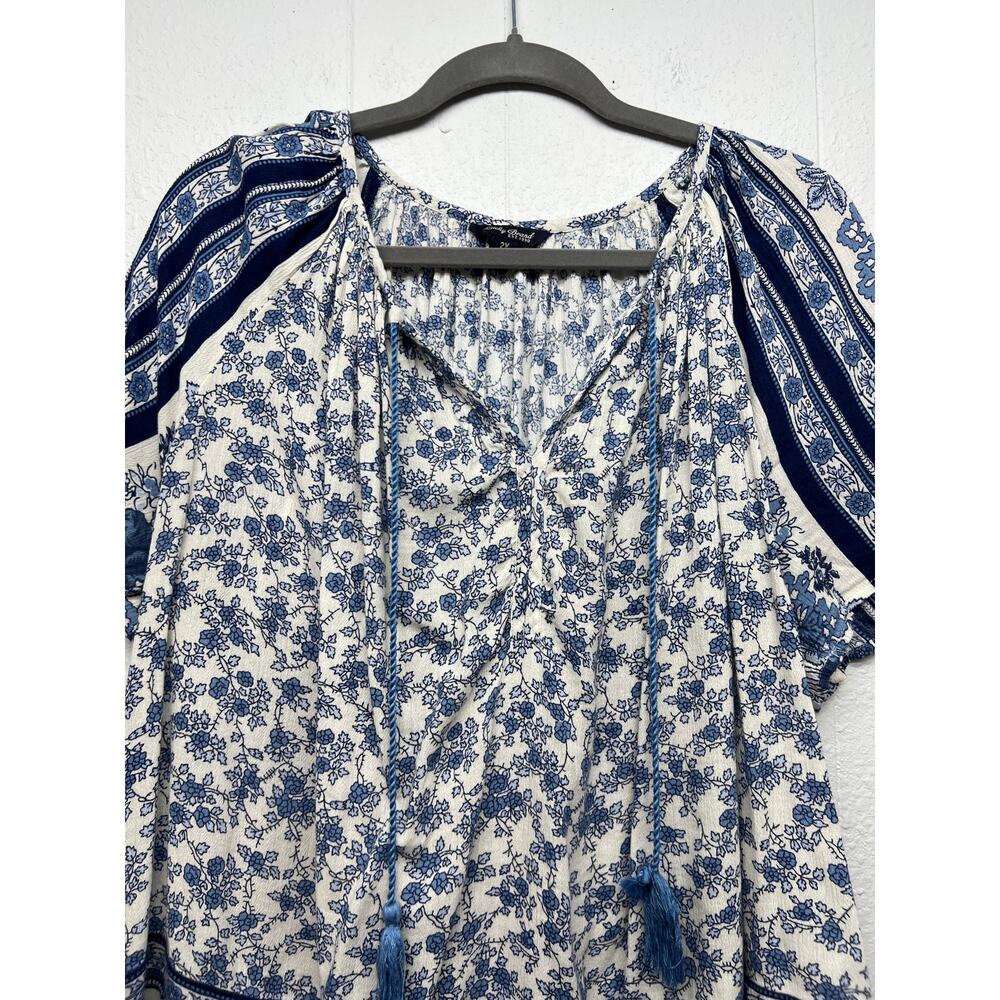 Lucky Brand Top Womens 2X Dark Floral Fairy Boho Tasseled Cotton Lightweight - Picture 3 of 12